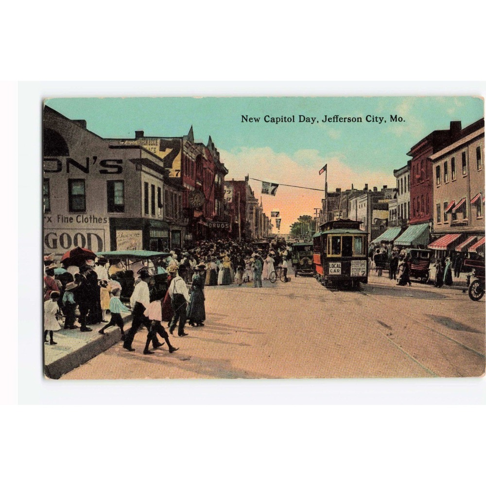 Vintage New Capitol Day Jefferson City Missouri Postcard Trolley Street Scene